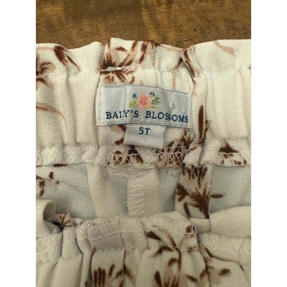 Girls 5T Wide Leg Floral‎ Pants Cream Brown Boho Stretch Waist Soft Lightweight